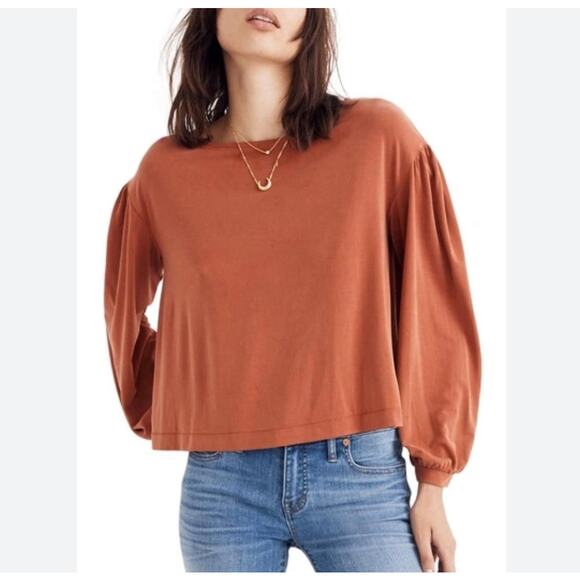 MADEWELL WOMEN'S RUSTY ORANGE SANDWASHED JERSEY GATHERED LONG SLEEVE TOP Sz XS - Picture 1 of 7